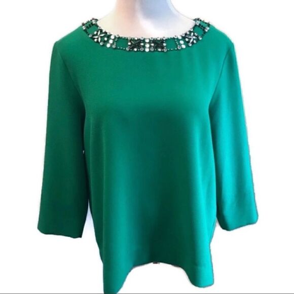 Karl Lagerfeld Green Top Embellished Neckline Sz L - Picture 1 of 8